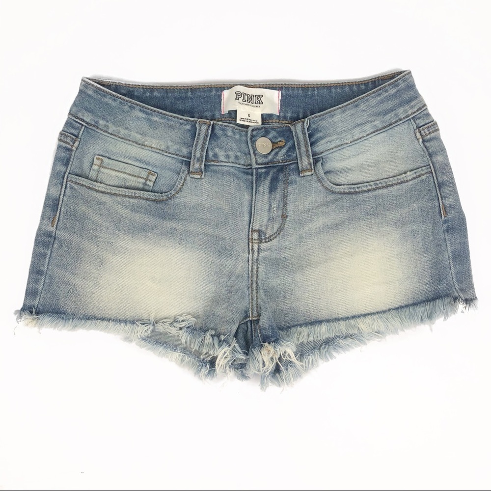 Victoria’s Secret Pink Distressed Denim Raw Hem Light Wash‎ Short Shorts Cutoffs